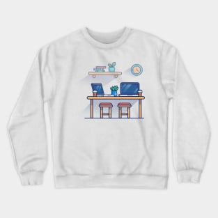 Table, Chair, Laptops, Plant, Clock, Books, And Cups Cartoon Crewneck Sweatshirt